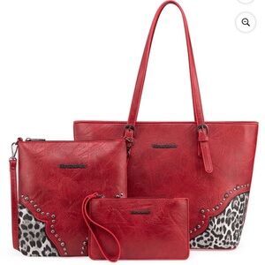 Montana West Red Tote Bag Set with Leopard Accents